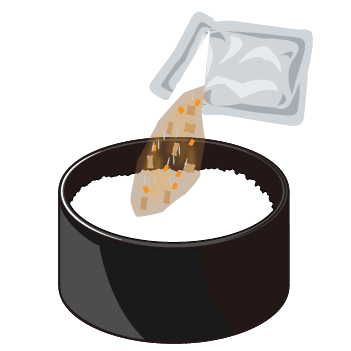 炊きたてのご飯（茶わん約５～６杯分：約７００ｇ）あるいは米２合を炊き上げ、大きめの器に移し、袋の具をご飯全体にふりかけて下さい。