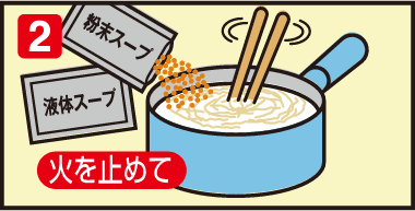 ②麺がゆで上がったら火を止めて、添付の粉末スープ、液体スープの順に加え、よくかきまぜて下さい。