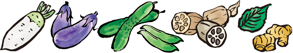 大根・茄子・胡瓜・なた豆・蓮根・しその葉・生姜