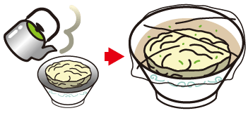 2.添付の特製スープをどんぶりに加え、熱湯約400ml（約２カップ）入れ、ラップかフタをして下さい。