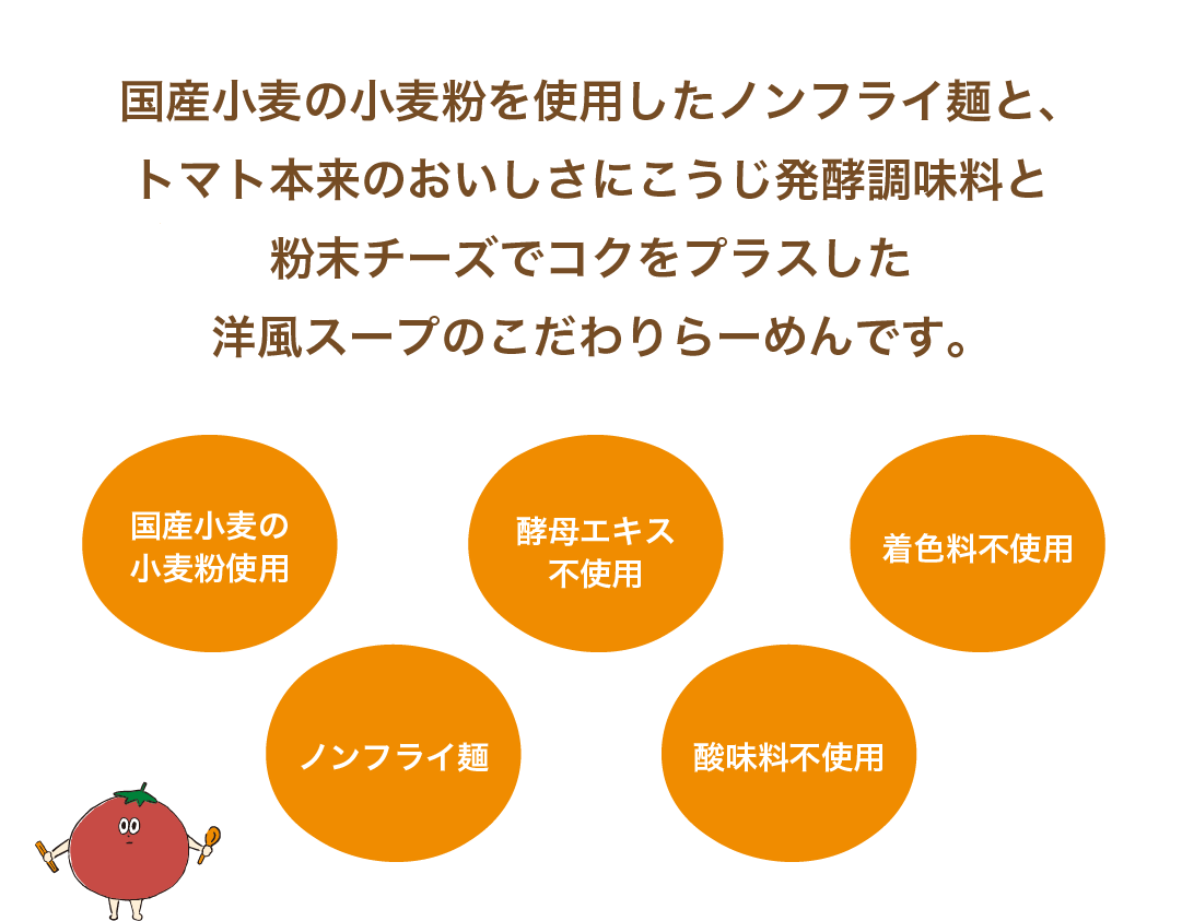 国産小麦の小麦粉を使用したノンフライ麺と、トマト本来のおいしさにこうじ発酵調味料と粉末チーズでコクをプラスした洋風スープのこだわりらーめんです。